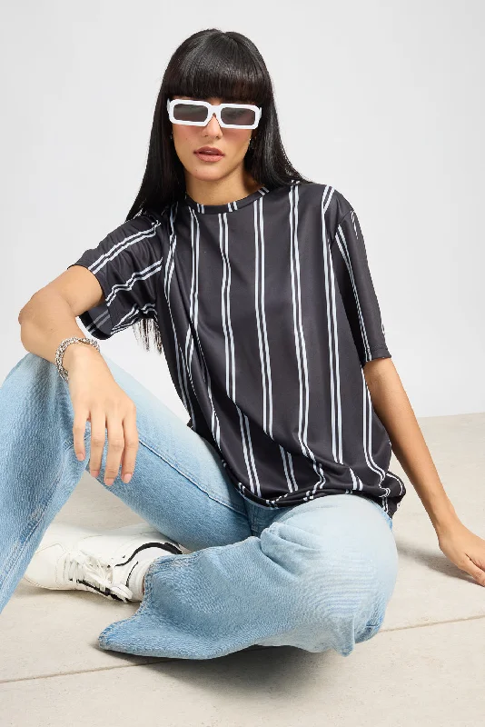 Printed Women's T-Shirt - Black/White Stripes