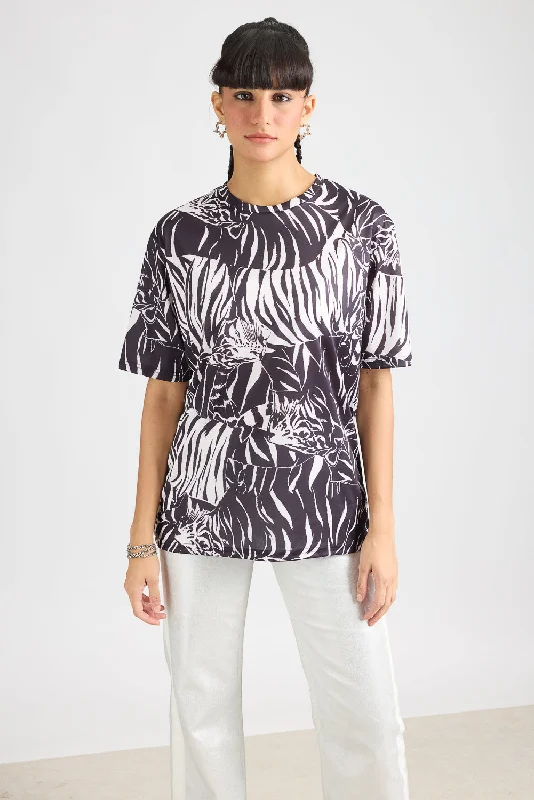 Printed Women's T-Shirt - Tropical Black/White