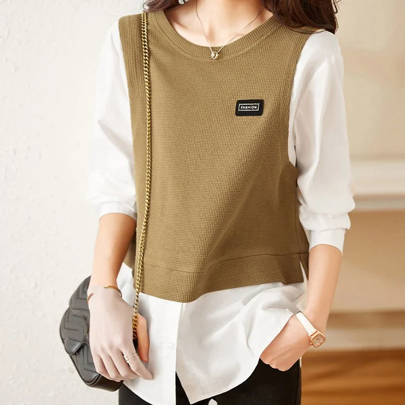 Khaki Paneled Shift Casual Long Sleeve Shirts & Tops