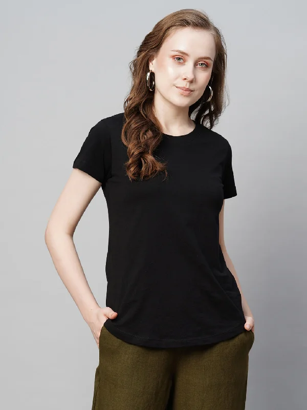 Women's Black Cotton Regular Fit Tshirt