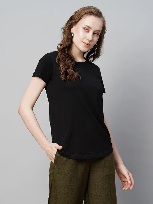 Women's Black Cotton Regular Fit Tshirt