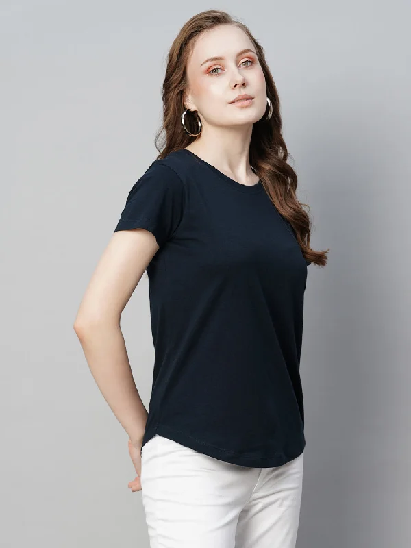 Women's Navy Cotton Regular Fit Tshirt