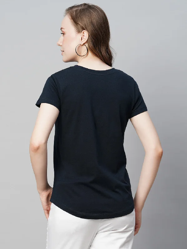 Women's Navy Cotton Regular Fit Tshirt