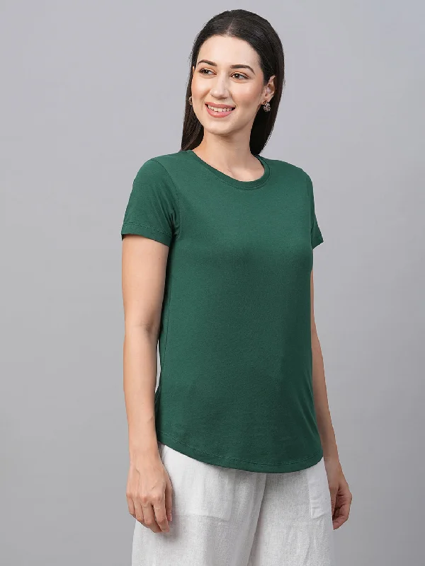 Women's Green Cotton Regular Fit Tshirt