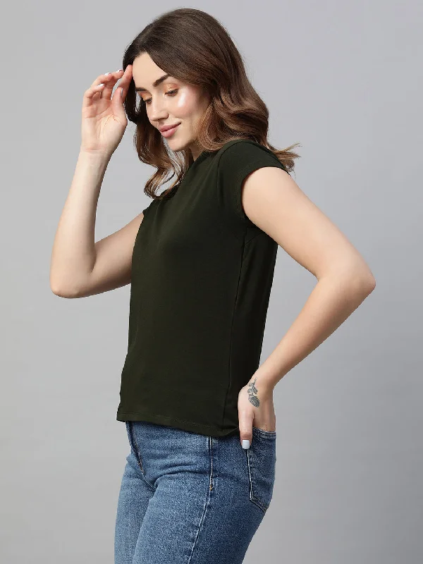 Women's Green Cotton Elastane Slim Fit Tshirt