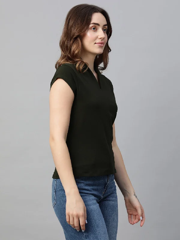 Women's Green Cotton Elastane Slim Fit Tshirt