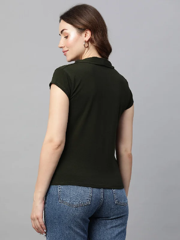 Women's Green Cotton Elastane Slim Fit Tshirt