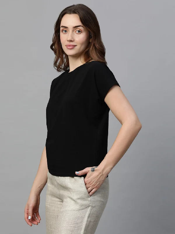 Women's Black Cotton Bamboo Elastane Regular Fit Tshirt