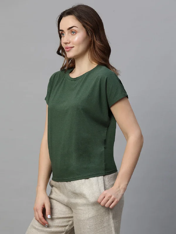 Women's Green Cotton Bamboo Elastane Regular Fit Tshirt