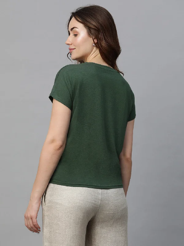 Women's Green Cotton Bamboo Elastane Regular Fit Tshirt