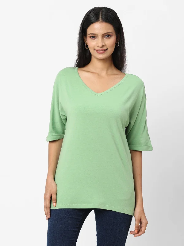 Womens Green Cotton Bamboo Elastane Loose Fit Tshirt