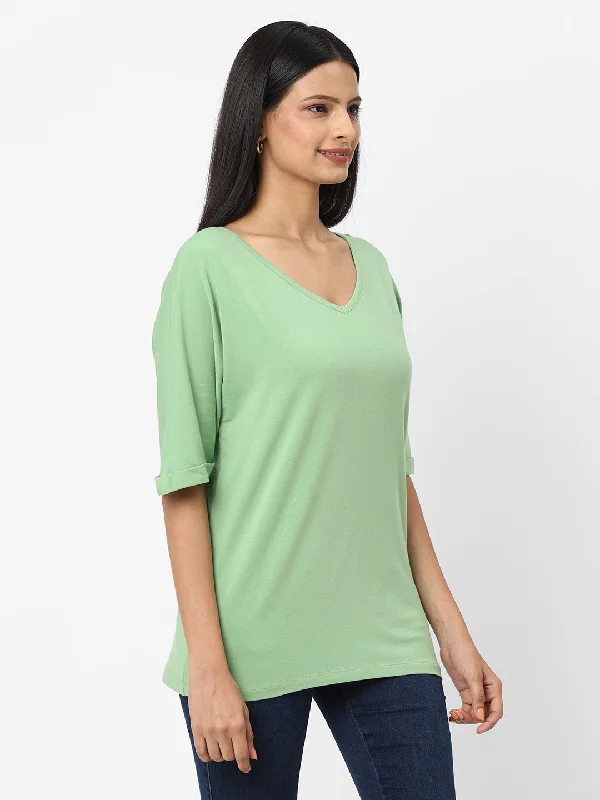 Womens Green Cotton Bamboo Elastane Loose Fit Tshirt