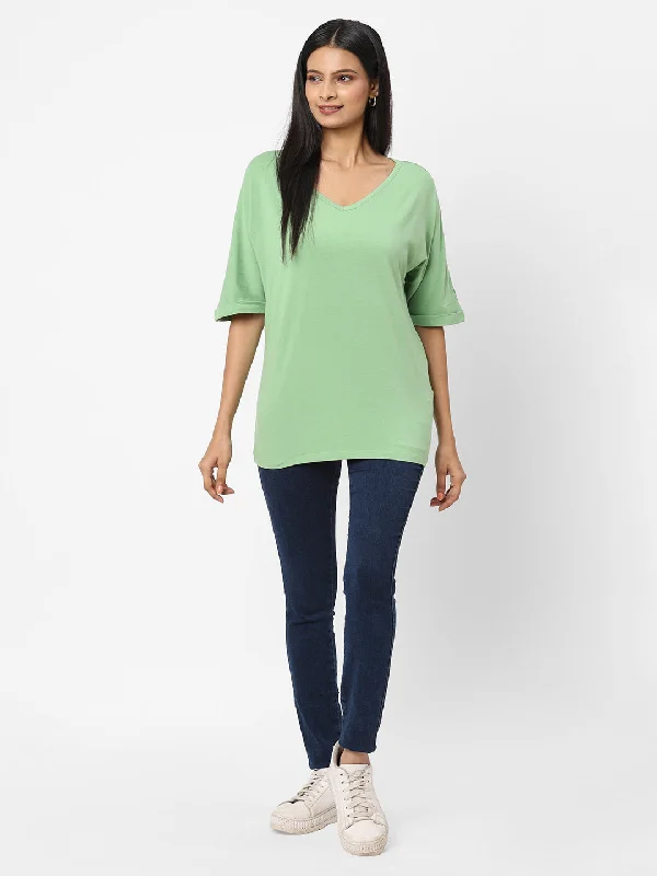 Womens Green Cotton Bamboo Elastane Loose Fit Tshirt