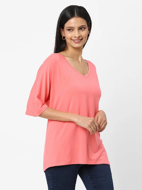 Womens Pink Cotton Bamboo Elastane Loose Fit Tshirt