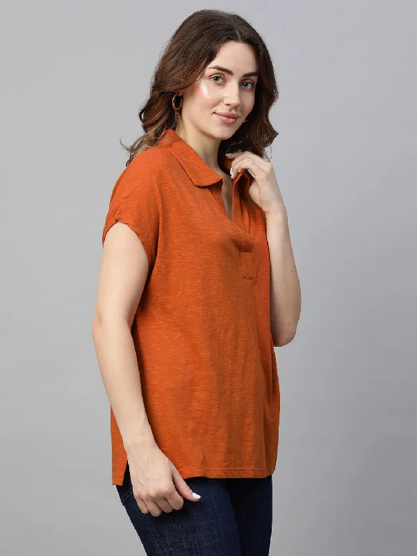 Women's Rust Cotton Regular Fit Tshirts