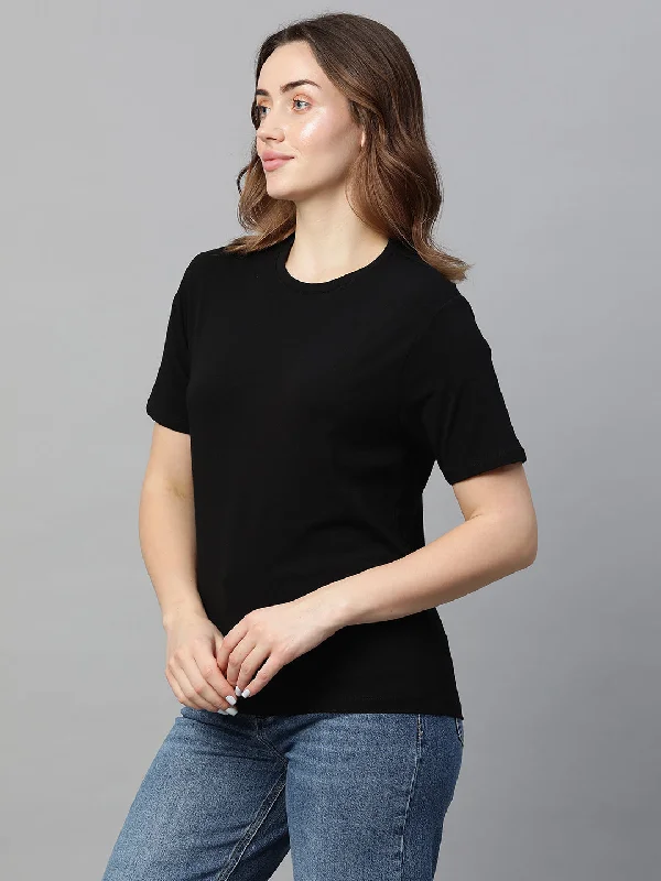 Women's Black Cotton Bamboo Elastane Regular Fit Tshirt