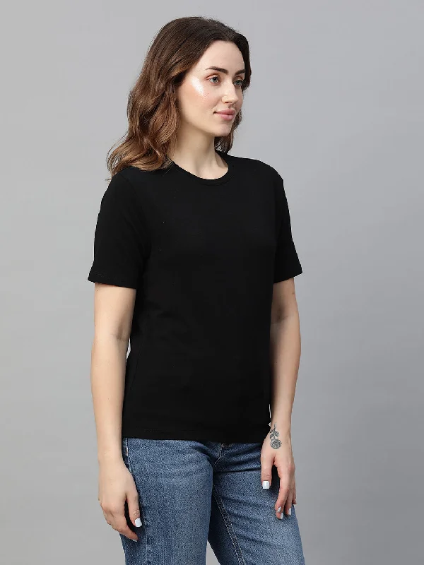 Women's Black Cotton Bamboo Elastane Regular Fit Tshirt