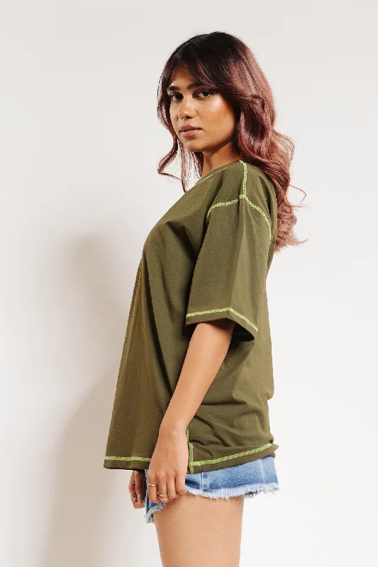 Olive Topstitched Oversized Tees