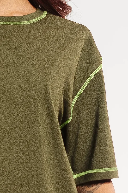 Olive Topstitched Oversized Tees