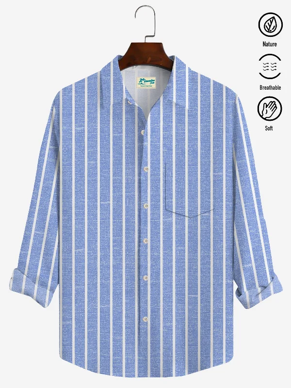 Basic Cotton Linen Striped Print Men's Button Down Pocket Long Sleeve Shirt