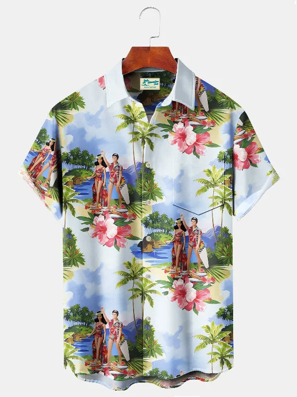 Beach Vacation Blue Men's Hawaiian Shirts Coconut Tree Hula Plus Size Aloha Camp Pocket Shirts