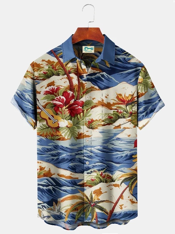 Beach Vacation Blue Men's Hawaiian Shirts Island Music Coconut Tree Guitar Cartoon Ocean Wave Art Plus Size Aloha Camp Pocket Shirts