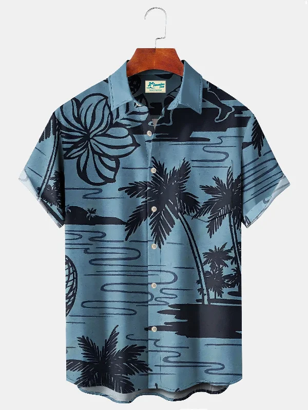 Beach Vacation Men's Blue Hawaiian Shirt Coconut Tree Stretch Plus Size Aloha Pocket Camp Shirts