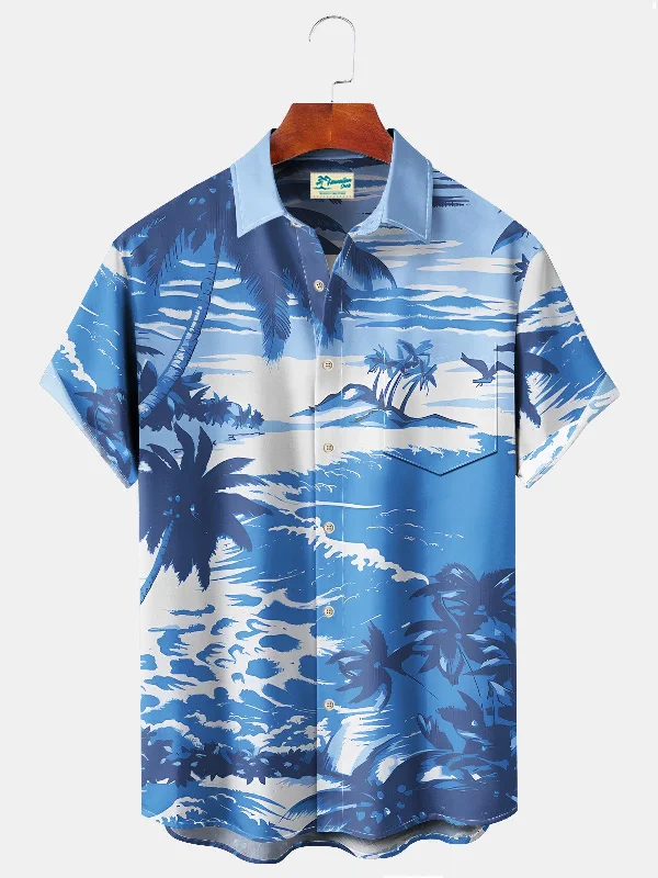 Beach Vacation Men's Blue Hawaiian Shirts Coconut Tree Stretch Plus Size Aloha Camp Pocket Shirts