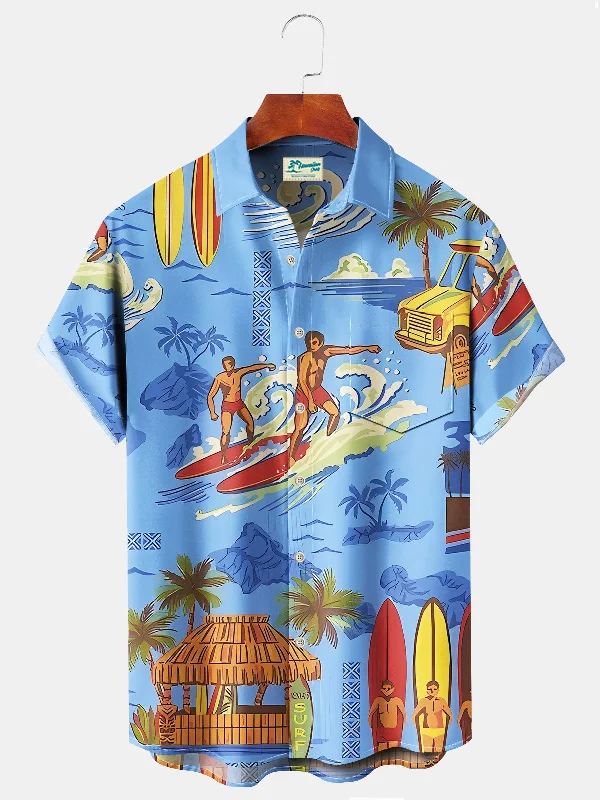 Beach Vacation Men's Light Blue Hawaiian Shirts Island Cartoon Surf Sports Stretch Plus Size Aloha Camp Pocket Shirts