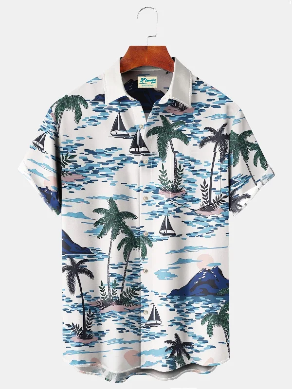 Beach Vacation Men's White Hawaiian Shirts Coconut Tree Art Stretch Plus Size Aloha Casual Camp Pocket Shirts