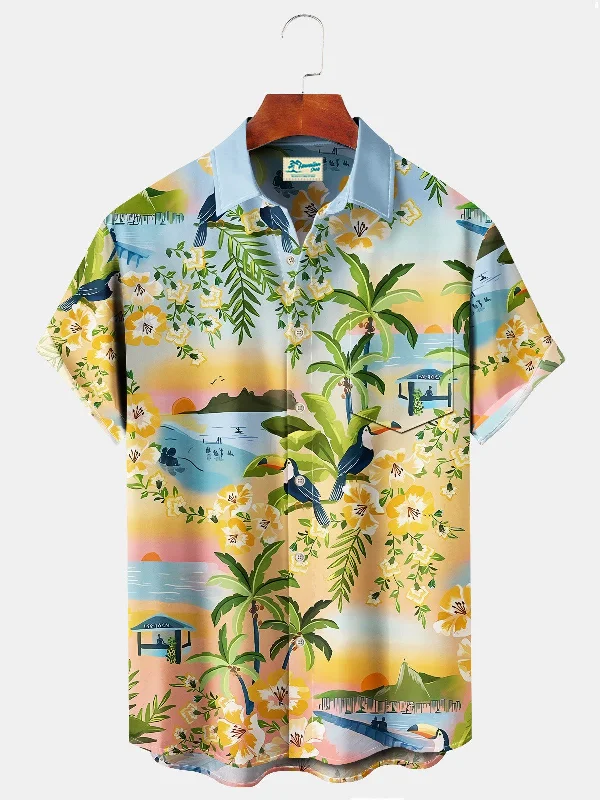 Beach Vacation Orange Men's Hawaiian Shirts Coconut Tree Cartoon Stretch Oversized Aloha Camp Pocket Shirts