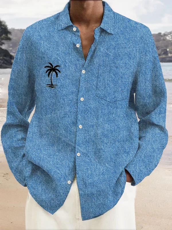 Coconut Tree Denim Textured Print Men's Button Pocket Long Sleeve Shirt