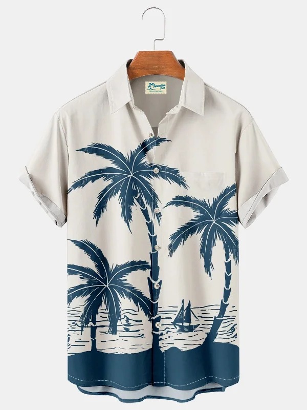 Hawaiian Blue Coconut Tree Print Men's Chest Bag Holiday Shirt Plus Size Shirt