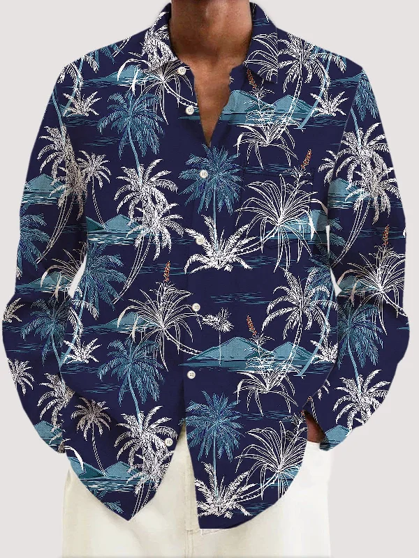 Hawaiian Coconut Tree Print Men's Button Pocket Long Sleeve Shirt