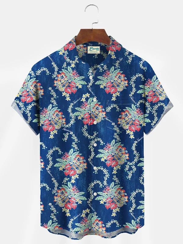 Hawaiian Floral Musical Instrument Print Men's Button Pocket Shirt