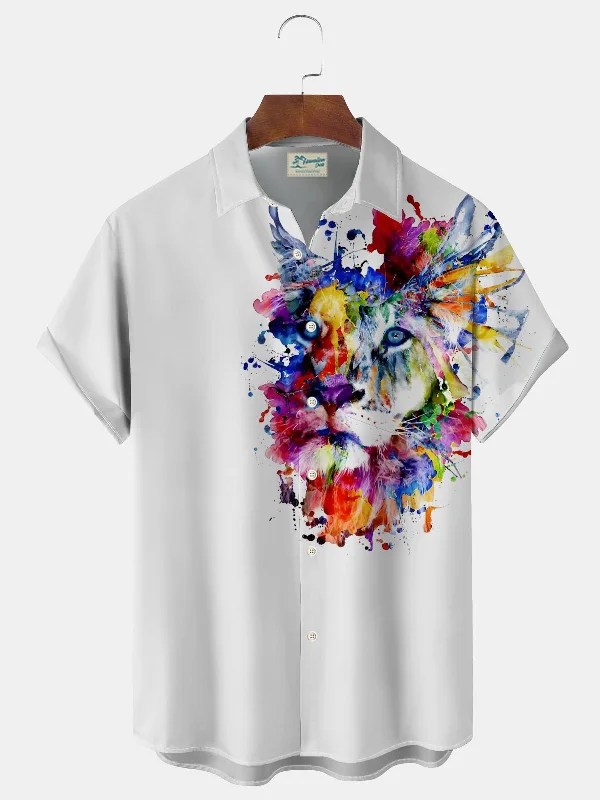 Tiger Gradient Artistic Print Men's Button Down Pocket Short Sleeve Shirt