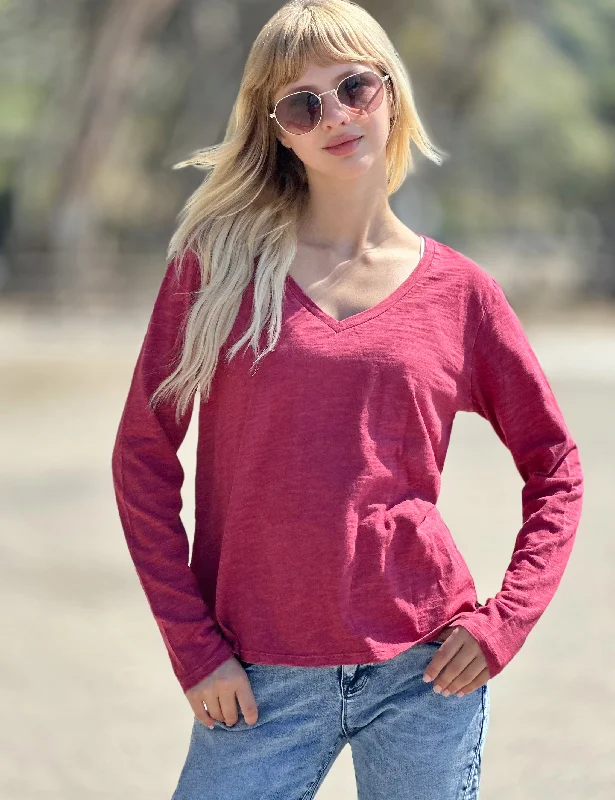 V Neck Long Sleeve Tee Cotton Slub