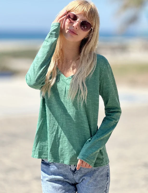 V Neck Long Sleeve Tee Cotton Slub