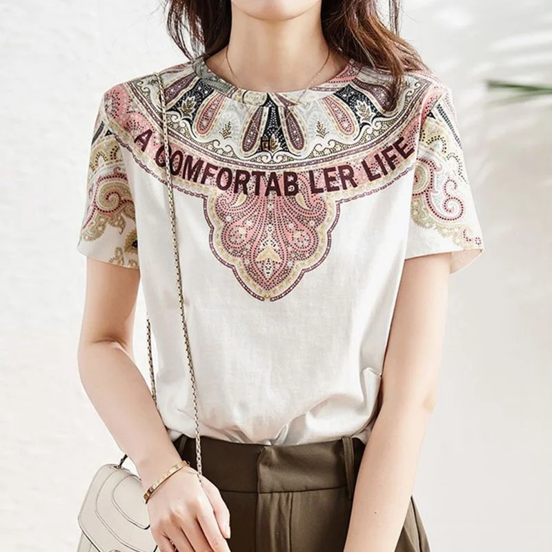 White Cotton-Blend Printed Shift Short Sleeve Shirts & Tops