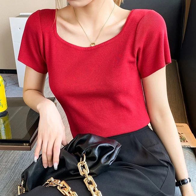 Women Short Sleeve Solid Knitted Basic Shirts & Tops