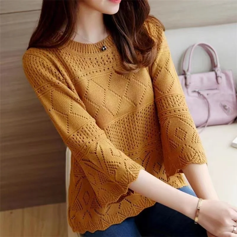 Women Solid Knitted 3/4 Sleeve Shirts & Tops