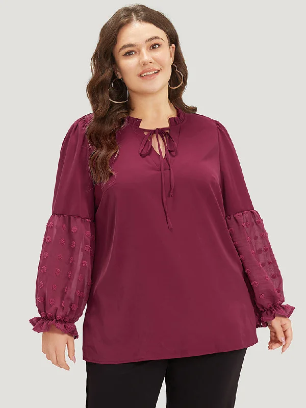 Anti-Wrinkle Plain Knot Neck Frill Trim Lantern Sleeve Blouse