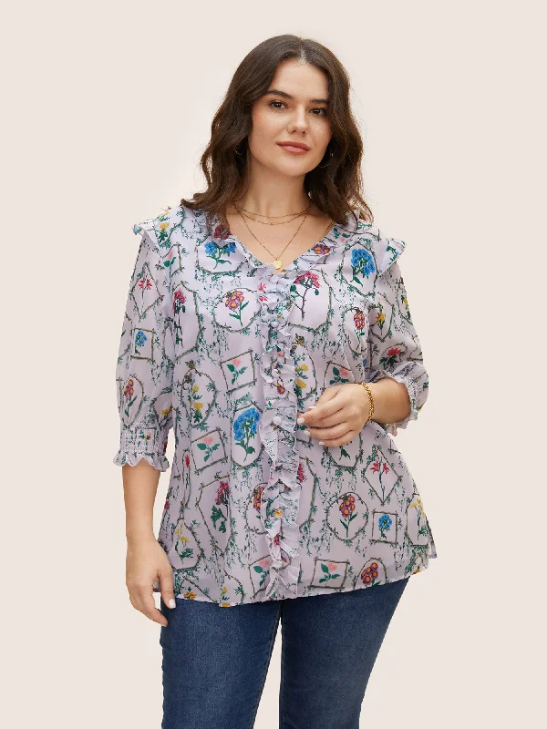 Boho Print Lantern Sleeve Ruffle Trim Blouse