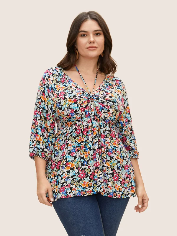 Colored Floral Tie Knot Lantern Sleeve Blouse