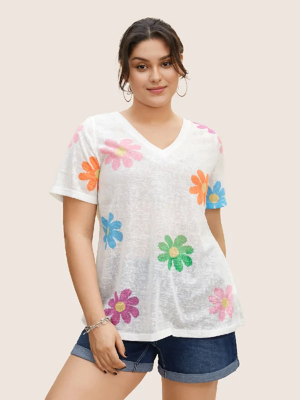 Colored Floral V Neck See Through T-shirt