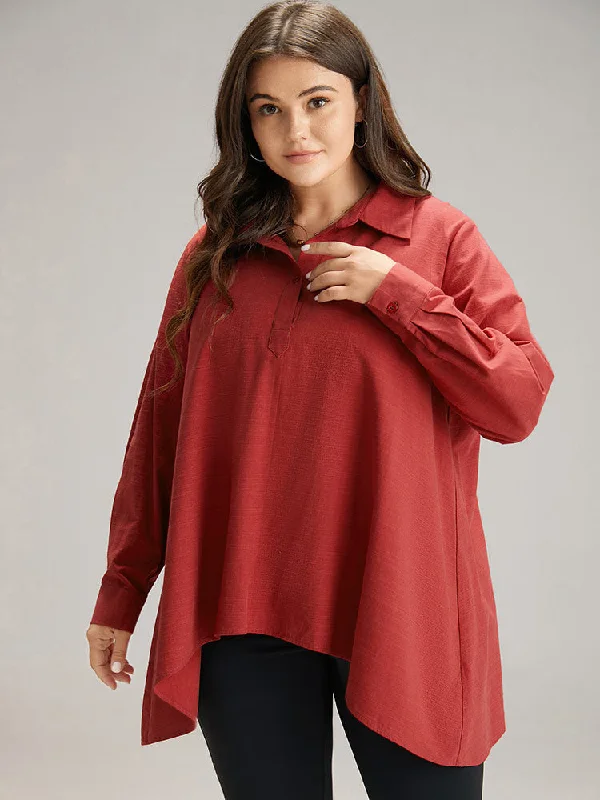 Cotton Curved Hem Button Down Blouse