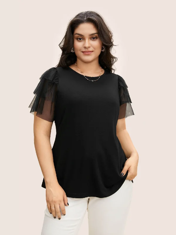 Crew Neck Tiered Mesh Patchwork T-shirt