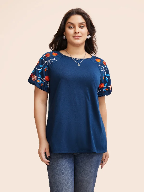 Floral Embroidered Lantern Sleeve T-shirt