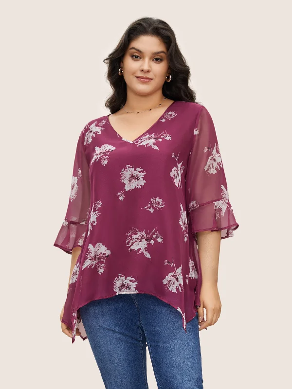 Floral Ruffles See Through Asymmetrical Hem Blouse