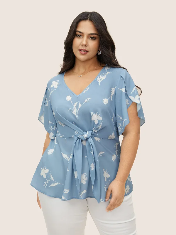 Floral Tie Knot Petal Sleeve Blouse